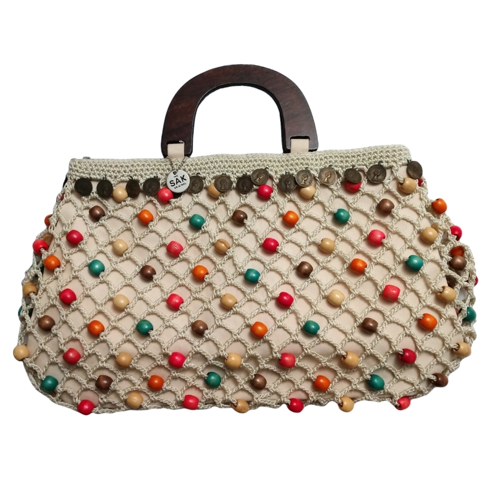 The Sak Original Vintage Crochet Coin Beaded Wooden Handle Purse Bag